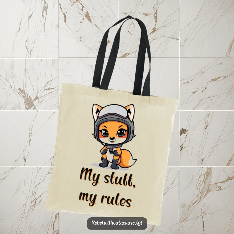 Funny tote bag depicting a confidently posed fox in a motorcycle helmet, ideal for carrying items with flair.