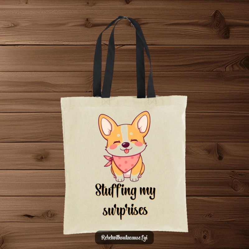 Funny tote bag with a mischievous corgi wearing a bandana, giving a friendly wink, ideal for daily use.